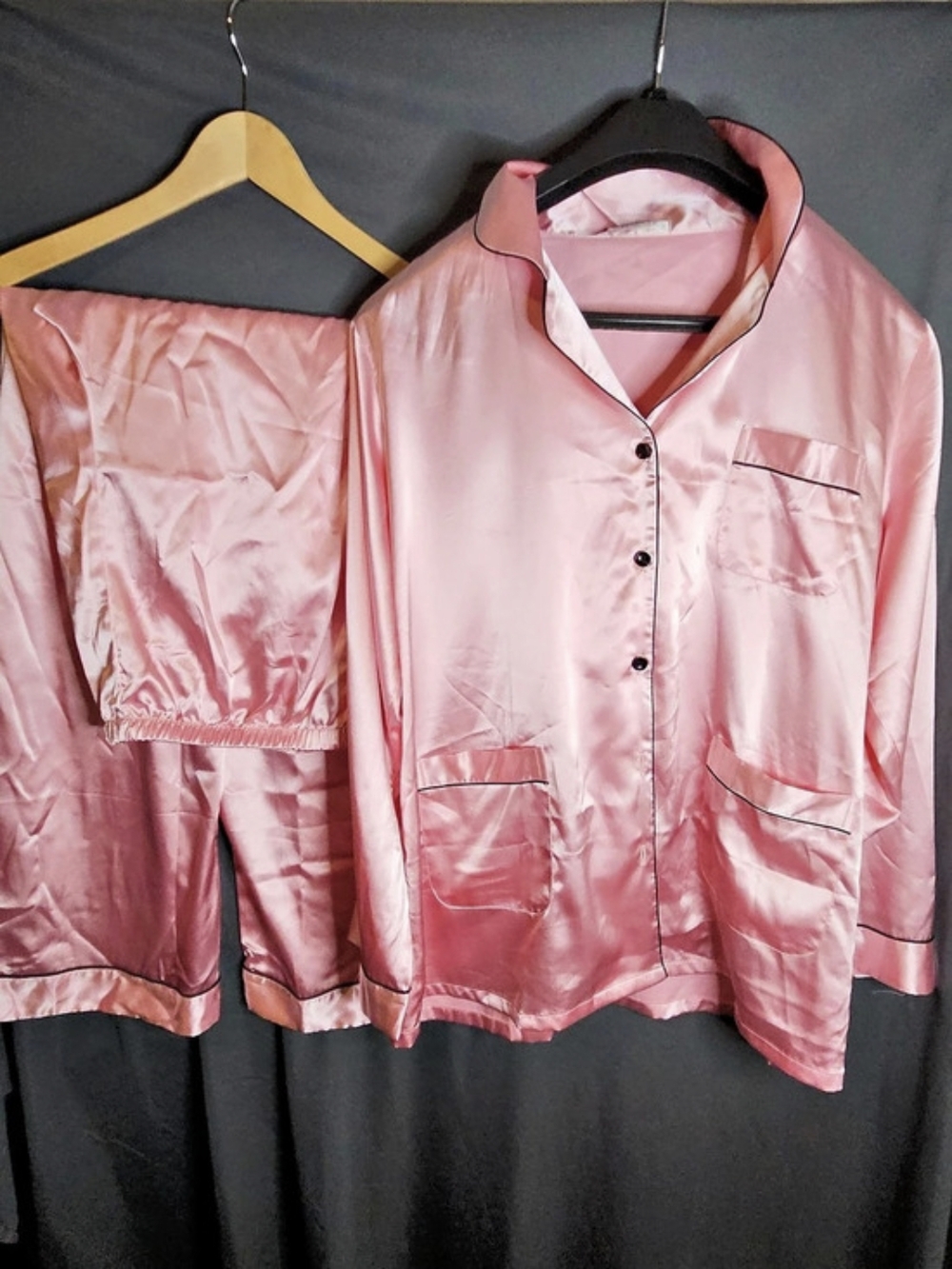 EKOÜAER Women's Satin Silk Pajama Set Long Sleeve Button Down Sleepwear Pink XL